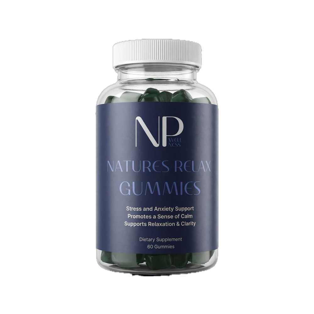 Natures Relax Gummies by NP Wellness, the 60-gummy bottle, white cap and navy label