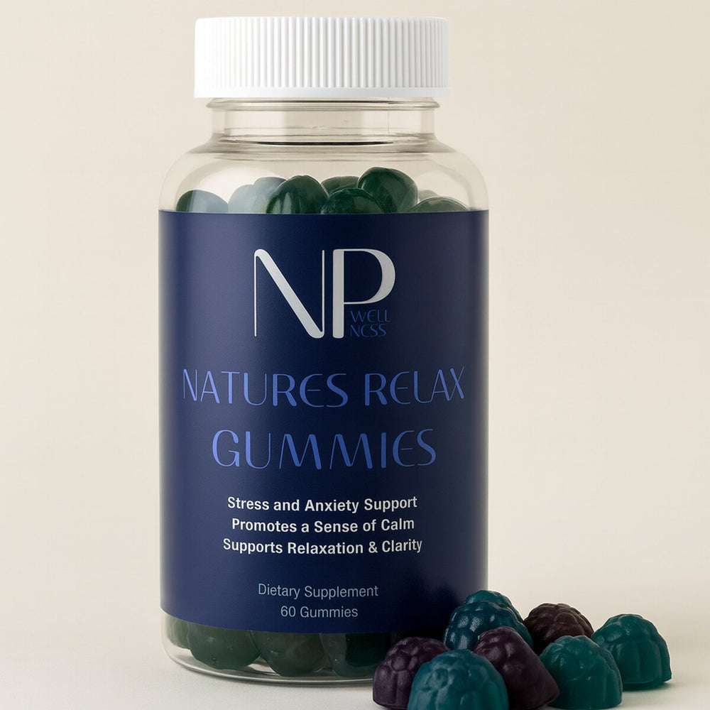 An open bottle of Natures Relax Gummies with translucent teal and violet berry-shaped gummies spilled out beside it