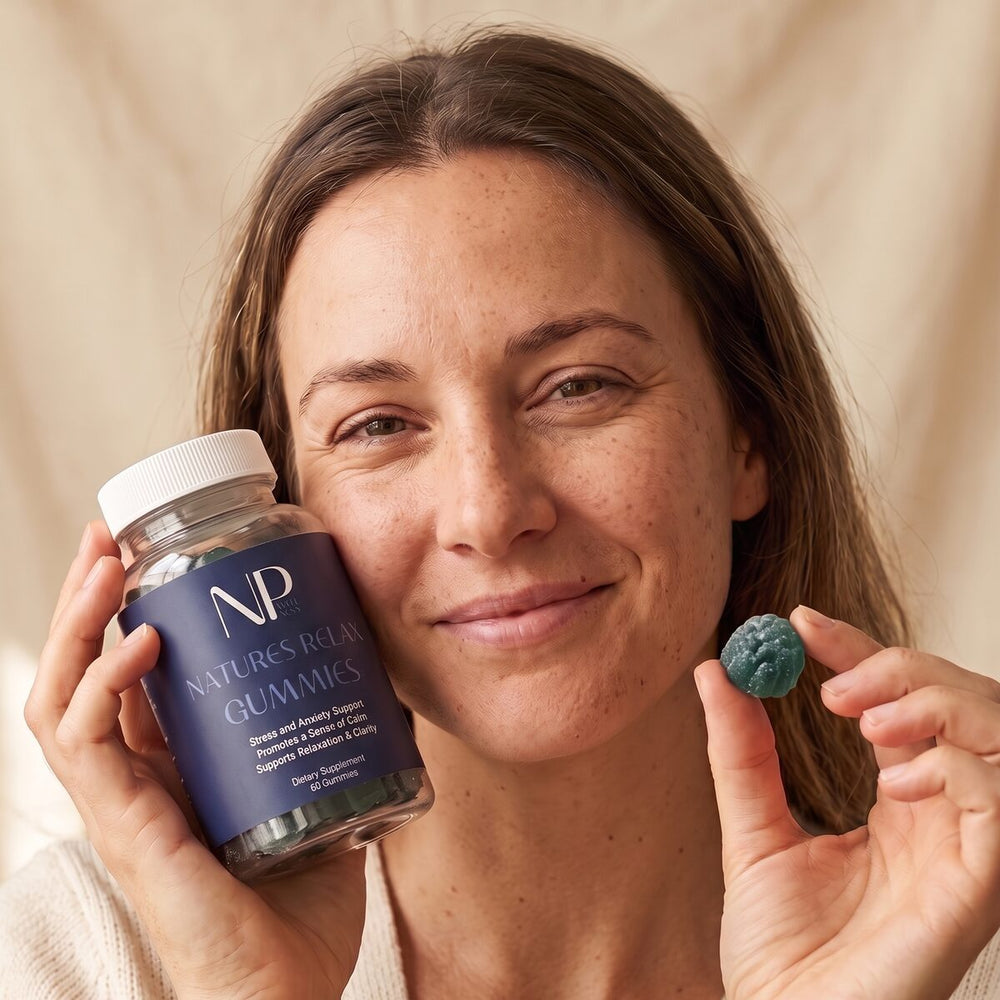 A smiling woman holding a jar of Natures Relax Gummies to her cheek and one teal gummy in her other hand