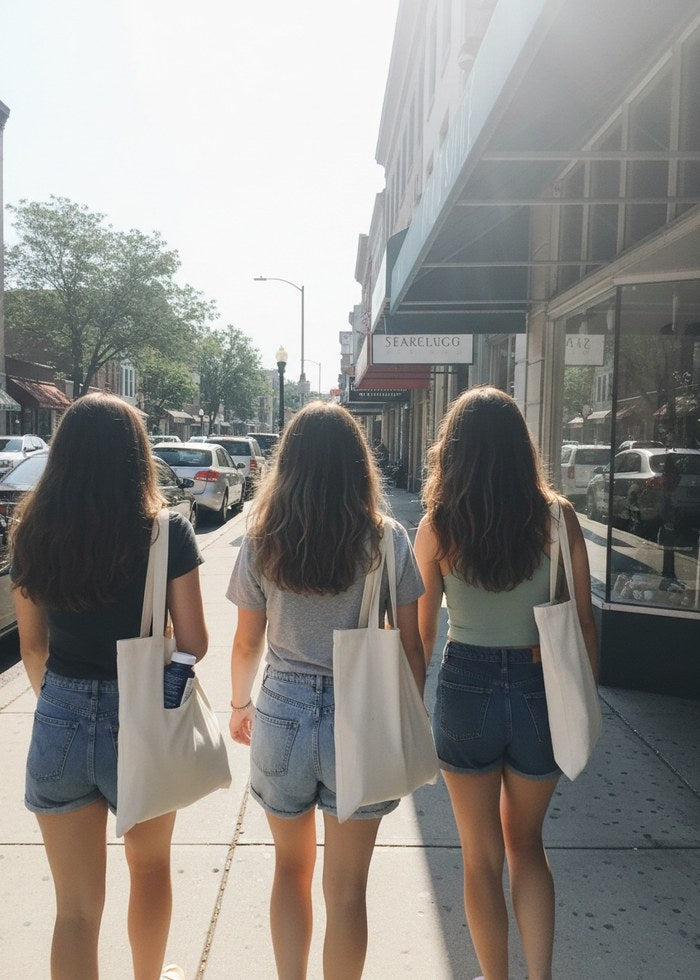 Fans leaving a pop-up carrying NarrowPath Wellness tote bags, one with a bottle of Natures Relax Gummies in hand
