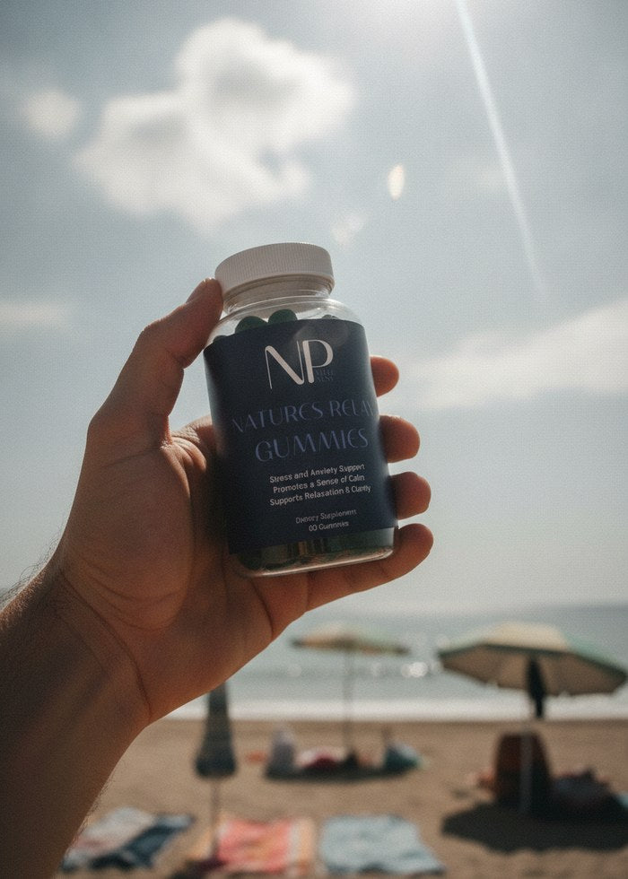 A NarrowPath Natures Relax Gummies smoothie cup held up on a sunny beach