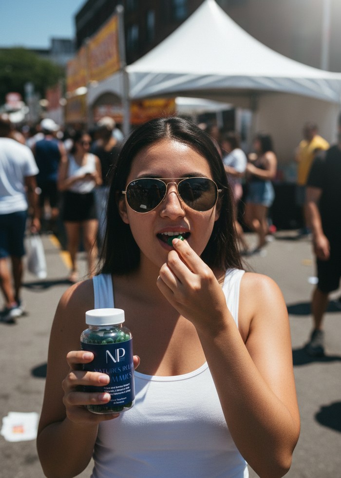 A woman on a tennis court enjoying a gummy, NarrowPath pouch and Natures Relax Gummies bottle in hand