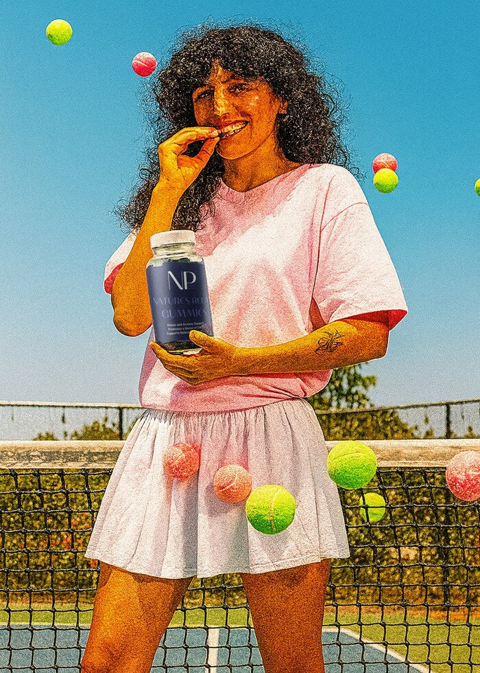A woman on a tennis court enjoying a gummy, NarrowPath pouch and Natures Relax Gummies bottle in hand