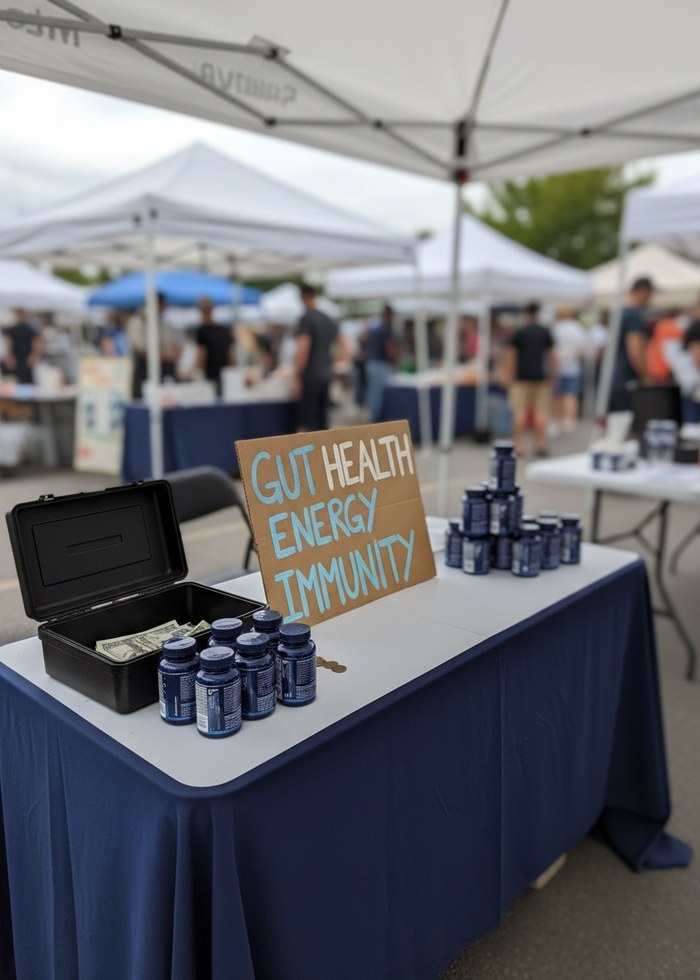 The NarrowPath event booth with gut health, energy and immunity displays