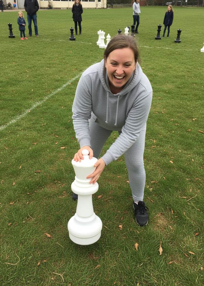 A woman playing giant chess on a NarrowPath board, a bottle of Natures Relax Gummies beside her