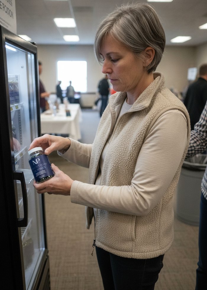 A woman stepping into a NarrowPath photo booth at an outdoor event, tote bag in hand