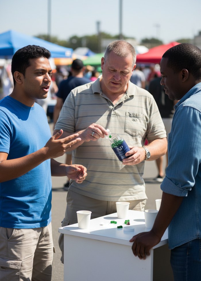 Guests sampling NarrowPath gummies at an umbrella-shaded event cart