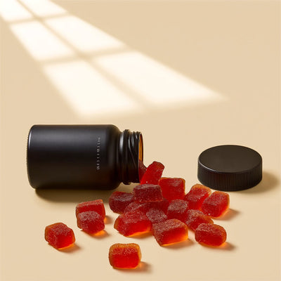 An open bottle of NarrowPath Relax Gummies with 60 gummies spilled on a cream surface