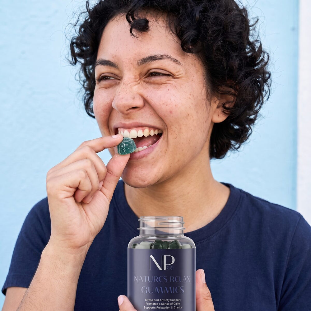 A laughing woman biting a teal Natures Relax gummy while holding the jar