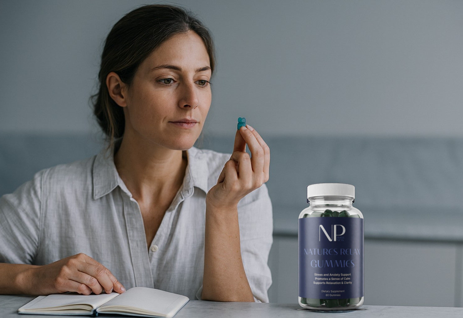 A woman back at her desk after taking the gummies, calm and working
