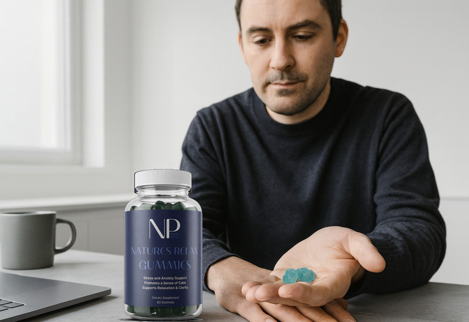 A man at a kitchen table with a coffee, taking Natures Relax gummies mid-afternoon