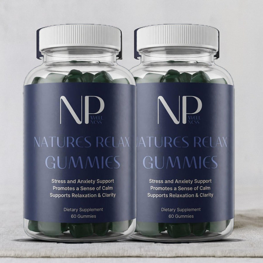 Three bottles of Natures Relax Gummies with a shipping box