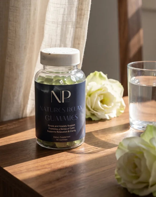 A bottle of Natures Relax Gummies on a wooden nightstand next to a lamp and a glass of water in the early evening