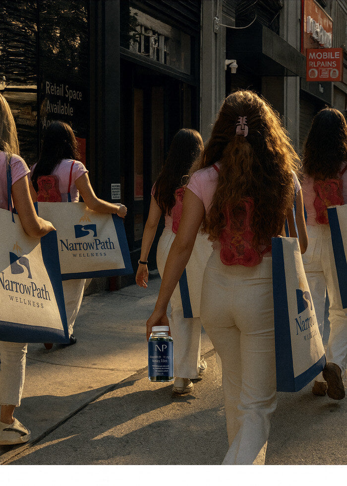 Fans leaving a pop-up carrying NarrowPath Wellness tote bags, one with a bottle of Natures Relax Gummies in hand